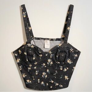 Floral Bustier Crop Top - Black with Yellow Floral